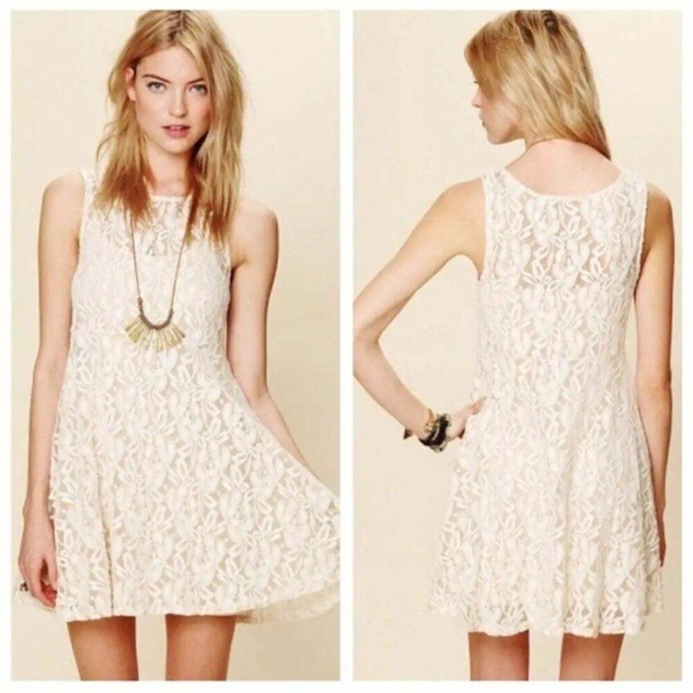 NWT Free People Miles of Lace Mini Tank Dress in Ivory/Alabaster Women's Size S